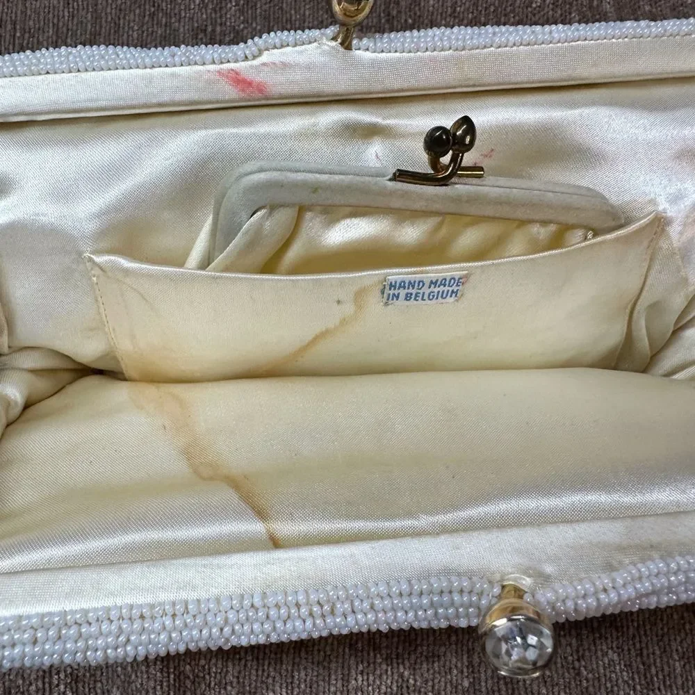 Vintage Cream Hand Beaded in Belgium Clutch bag with Coin Purse